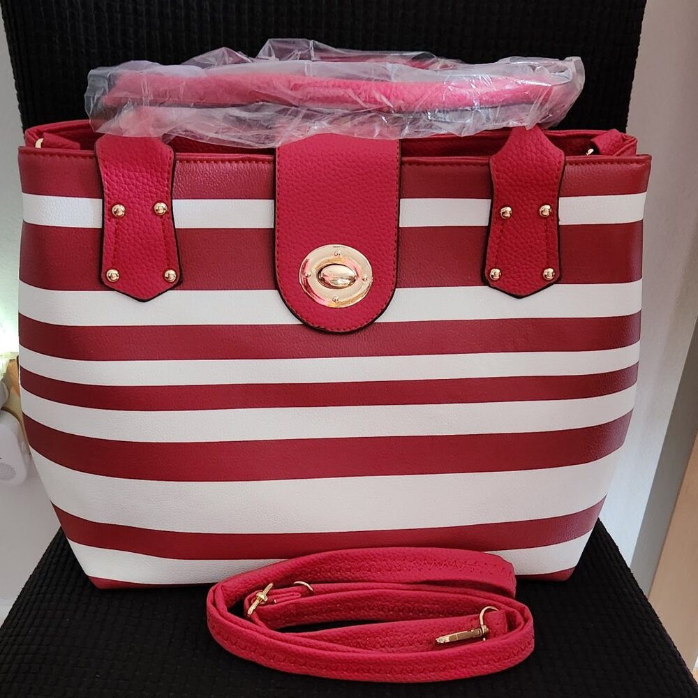 Red and White Stripe Fashion Handbag NWT